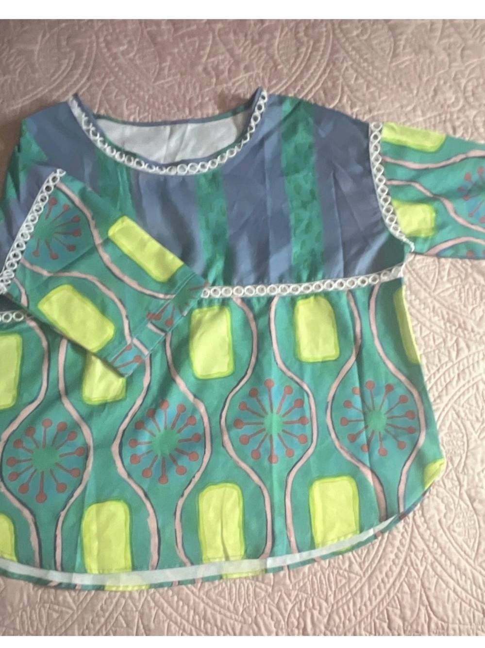 Women’s Teal, Lemon & Lime Patterned Quarter-Sleeve Top Size XXXL